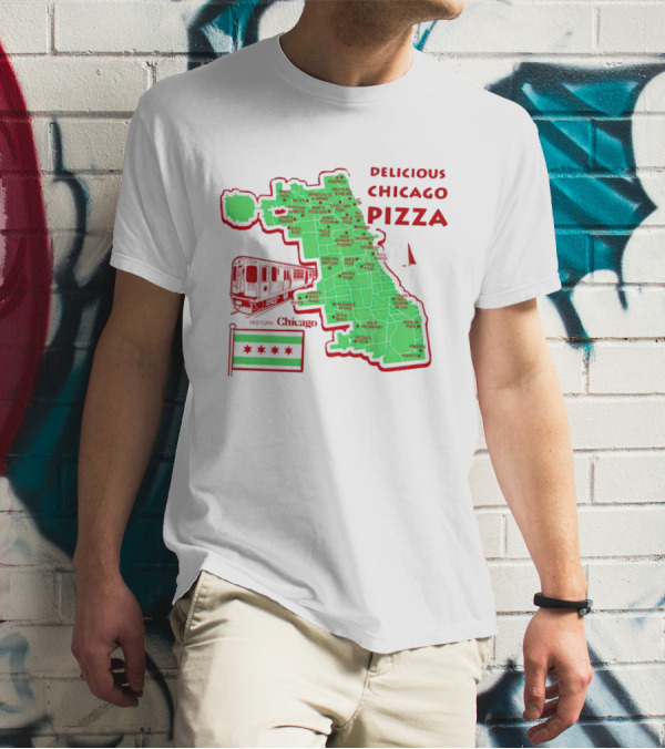 Chicago Map Train Flag Delicious Chicago Pizza T-Shirt