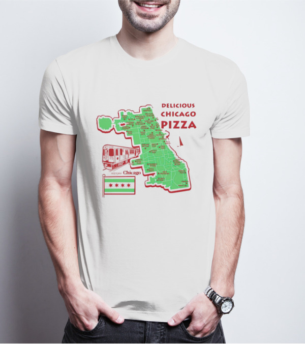 Chicago Map Train Flag Delicious Chicago Pizza T-Shirt