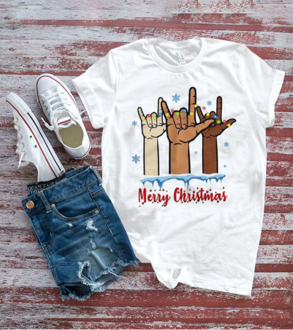 Merry Christmas Deaf Awareness Hand Sign Language With Snowflakes And Festive Lights T-Shirt