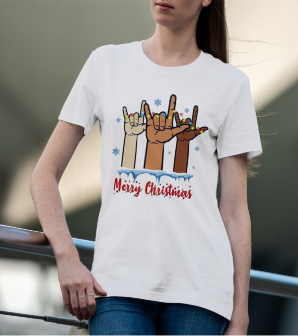Merry Christmas Deaf Awareness Hand Sign Language With Snowflakes And Festive Lights T-Shirt