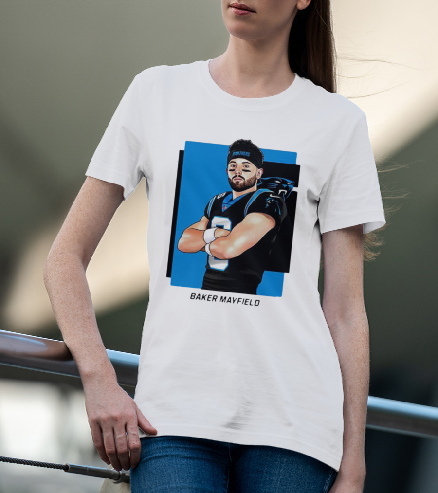 Carolina Panthers Baker Mayfield Artwork With Team Uniform T-Shirt