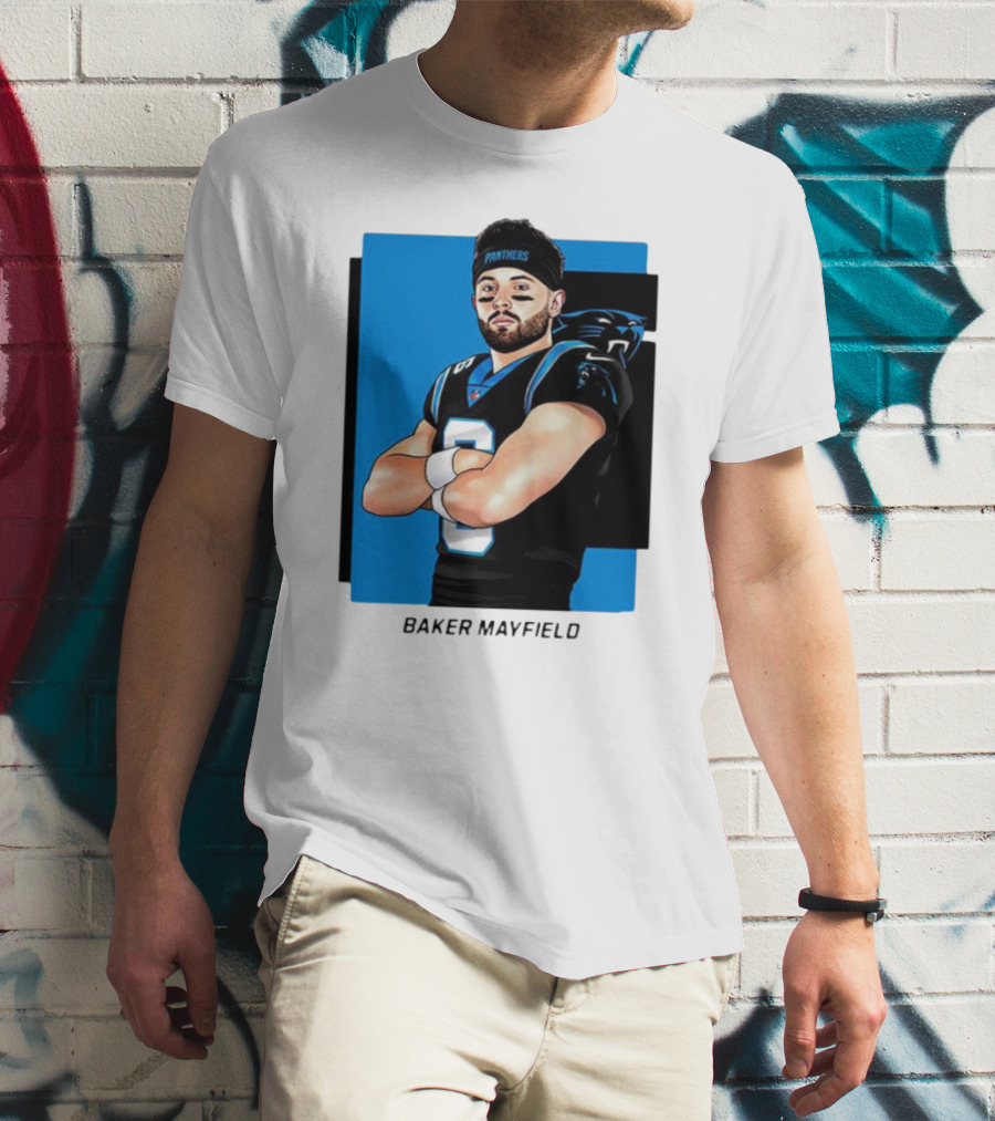 Carolina Panthers Baker Mayfield Artwork With Team Uniform T-Shirt