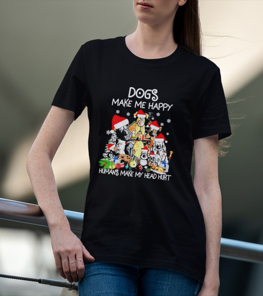 Dogs Make Me Happy Humans Make My Head Hurt Christmas Santa Hat Snowflakes T-Shirt