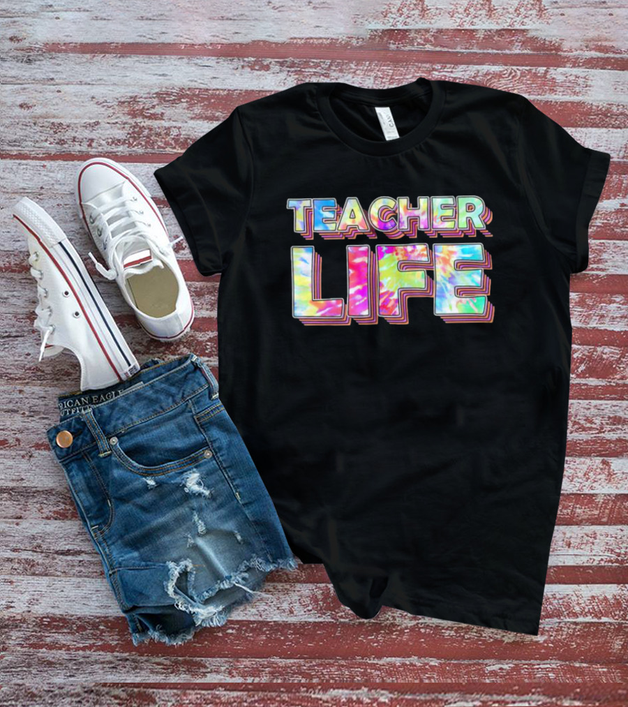 TEACHER LIFE Tie-Dye 3D Text Vibrant Colors T-Shirt