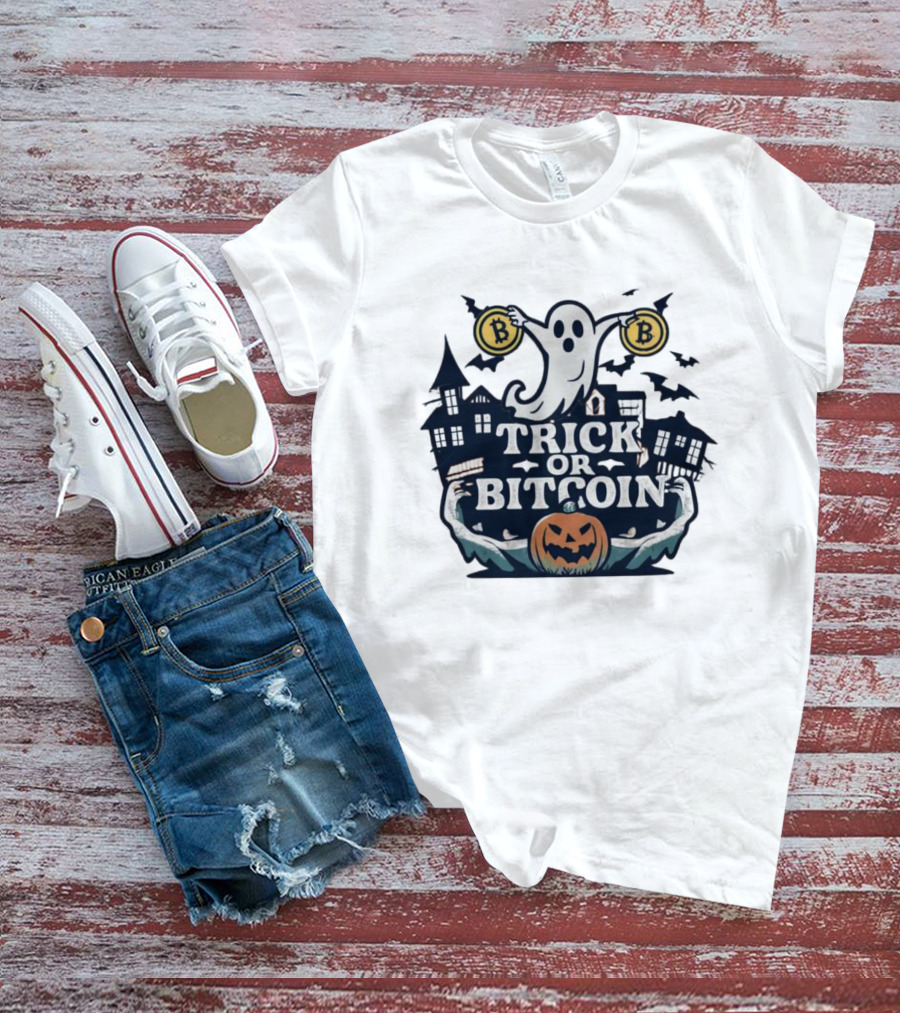 Trick Or Bitcoin Ghost Halloween With Haunted Houses And Pumpkin T-Shirt