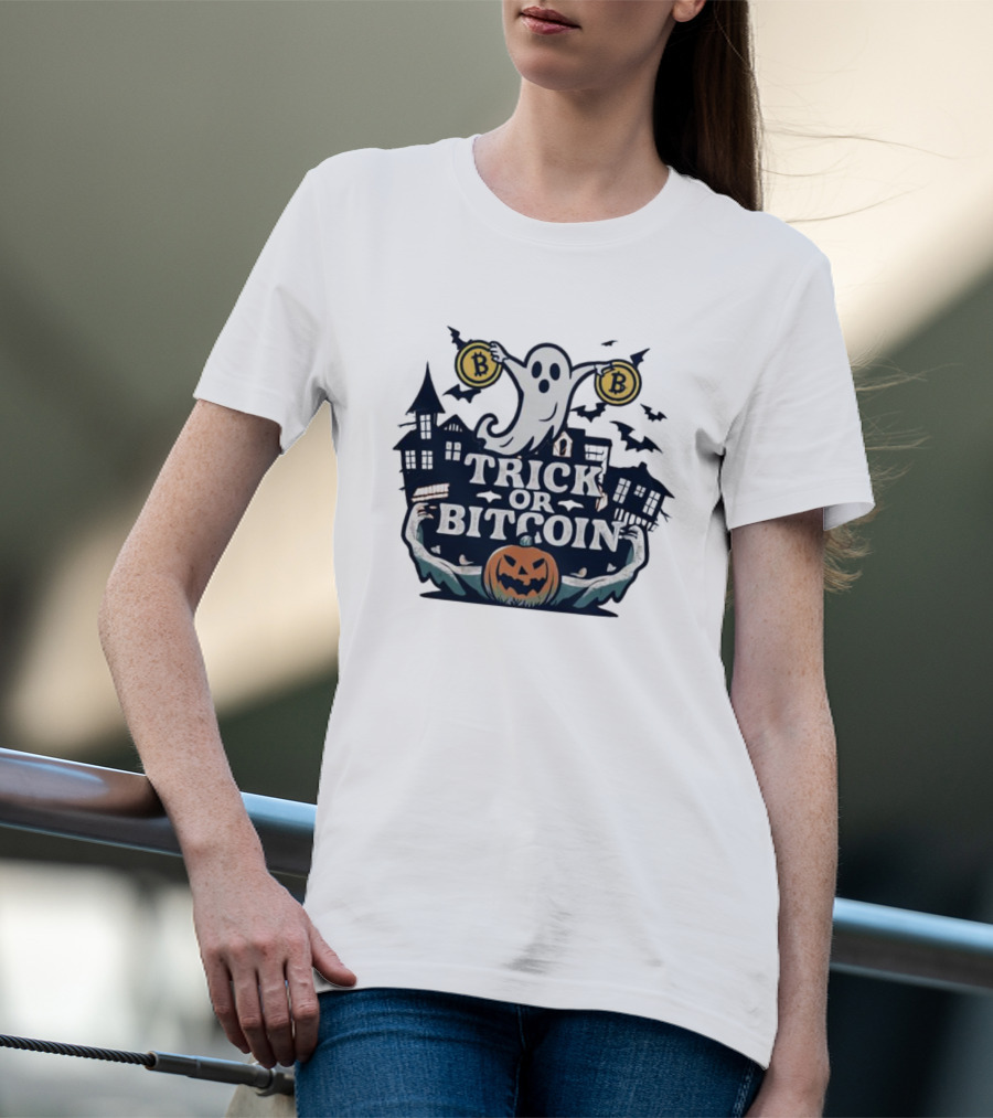 Trick Or Bitcoin Ghost Halloween With Haunted Houses And Pumpkin T-Shirt
