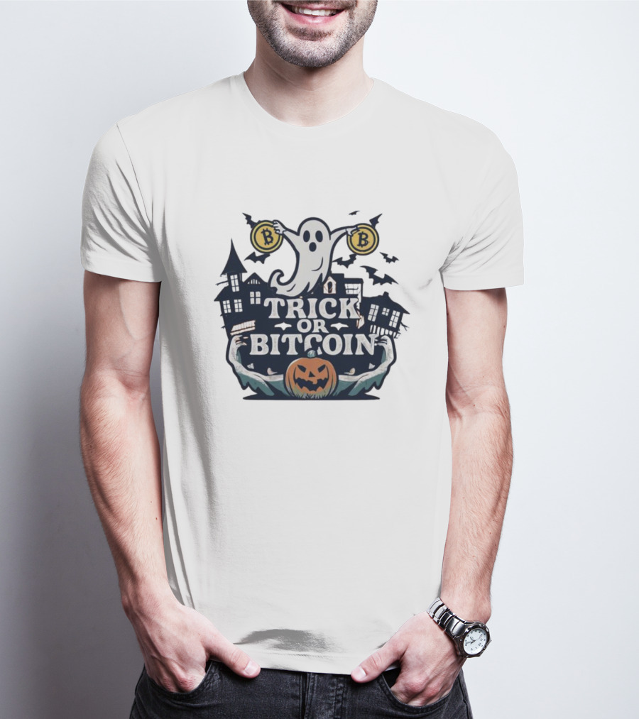 Trick Or Bitcoin Ghost Halloween With Haunted Houses And Pumpkin T-Shirt