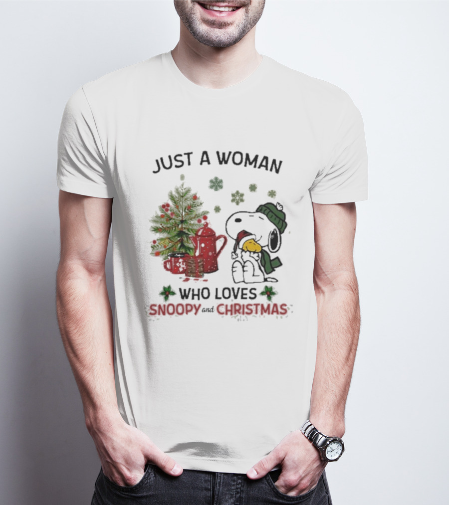 Just A Woman Who Loves Snoopy Hug Woodstock And Christmas T-Shirt