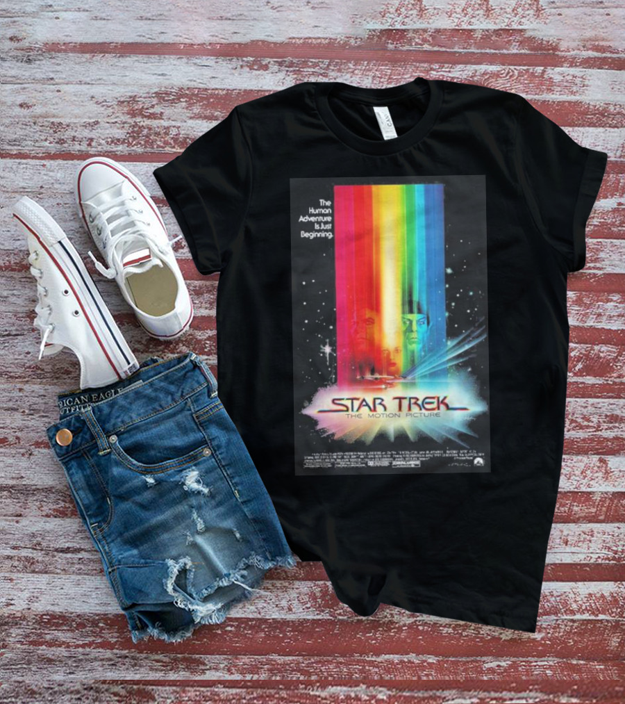 Star Trek The Motion Picture The Human Adventure Is Just Beginning Colorful Light Beams And Starry Background T-Shirt