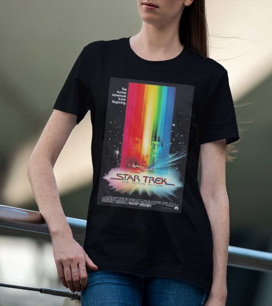 Star Trek The Motion Picture The Human Adventure Is Just Beginning Colorful Light Beams And Starry Background T-Shirt