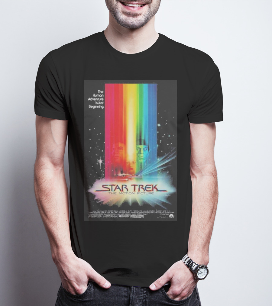 Star Trek The Motion Picture The Human Adventure Is Just Beginning Colorful Light Beams And Starry Background T-Shirt