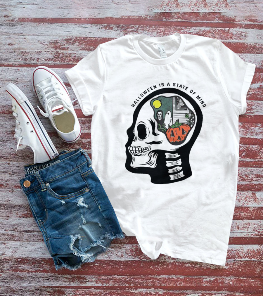 Halloween Is A State Of Mind Skull With Pumpkin And Ghosts T-Shirt