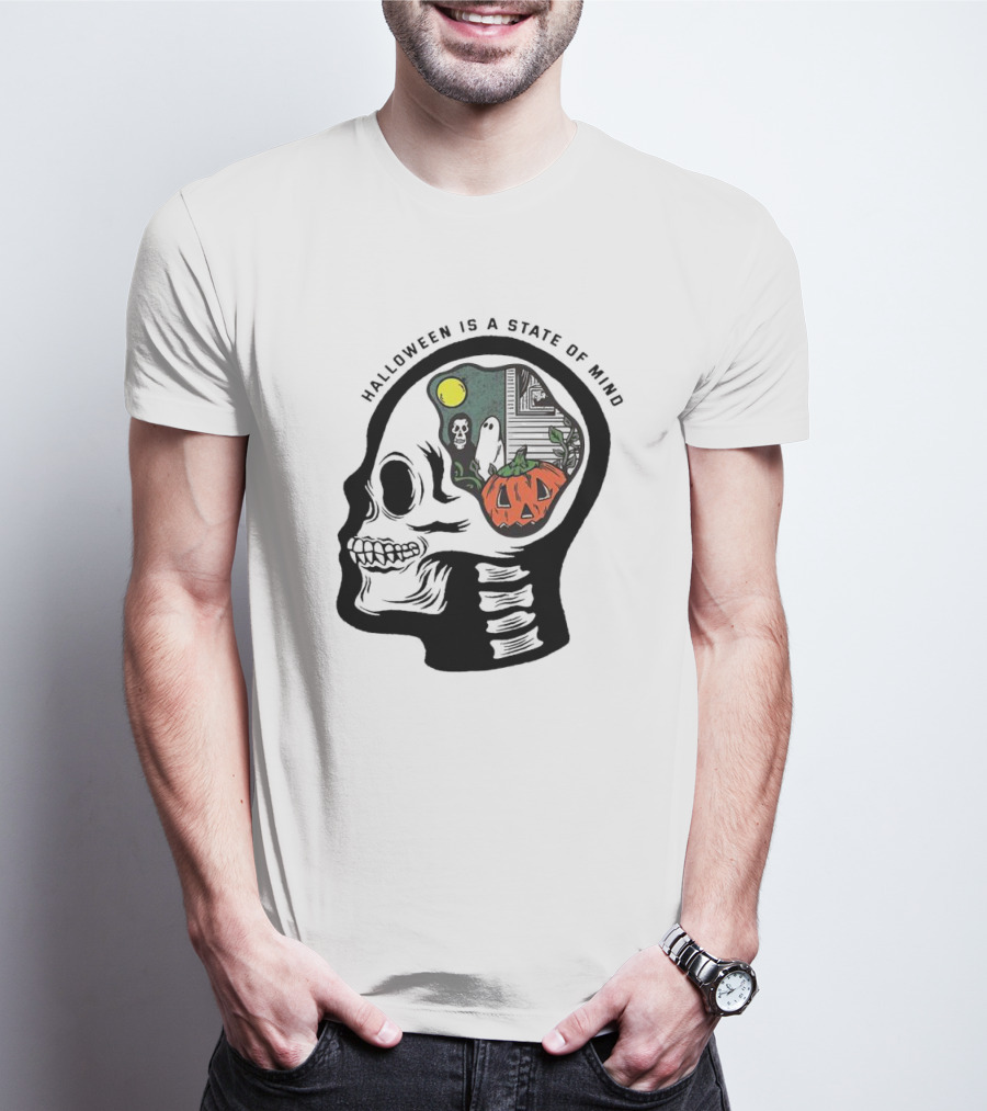 Halloween Is A State Of Mind Skull With Pumpkin And Ghosts T-Shirt