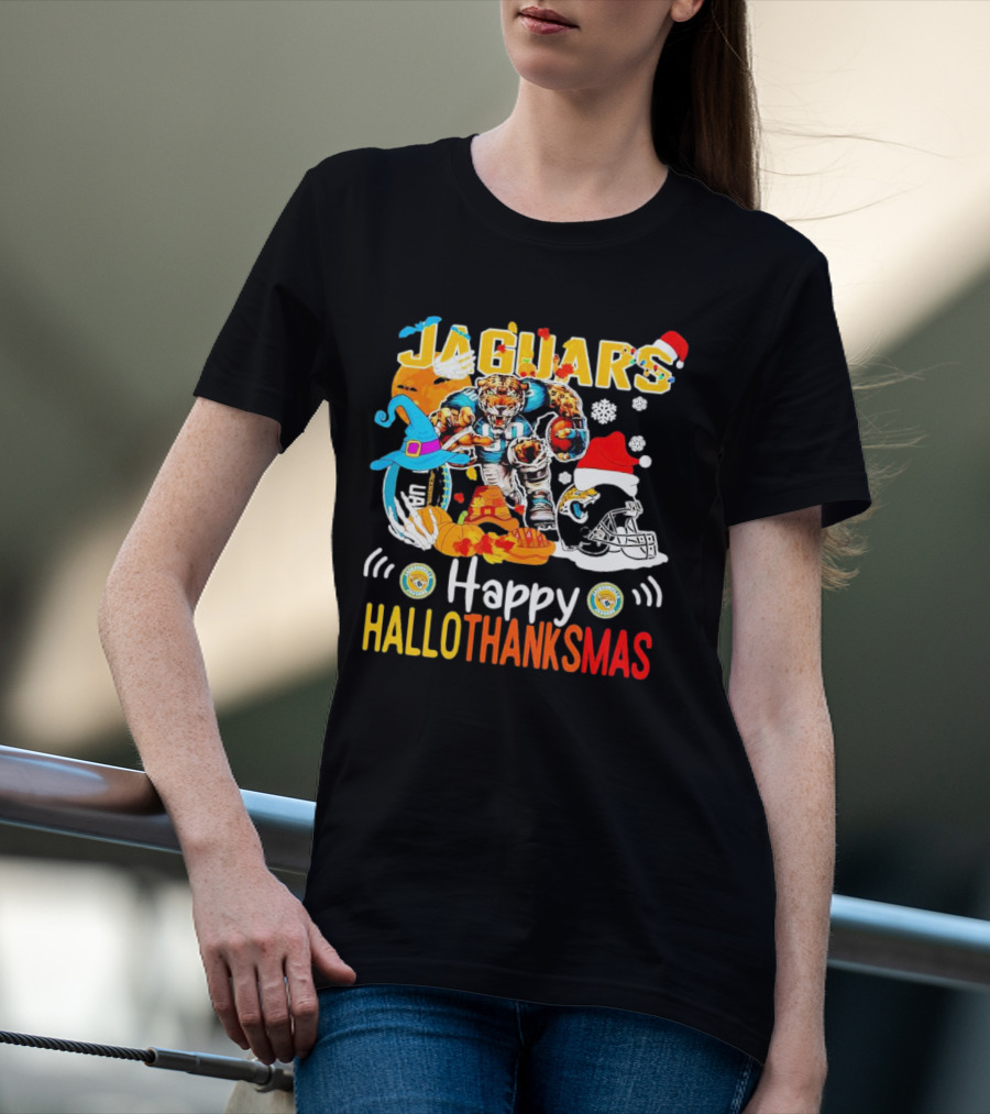 Jaguars Mascot Happy Hallothanksmas Football Halloween Thanksgiving Christmas T-Shirt