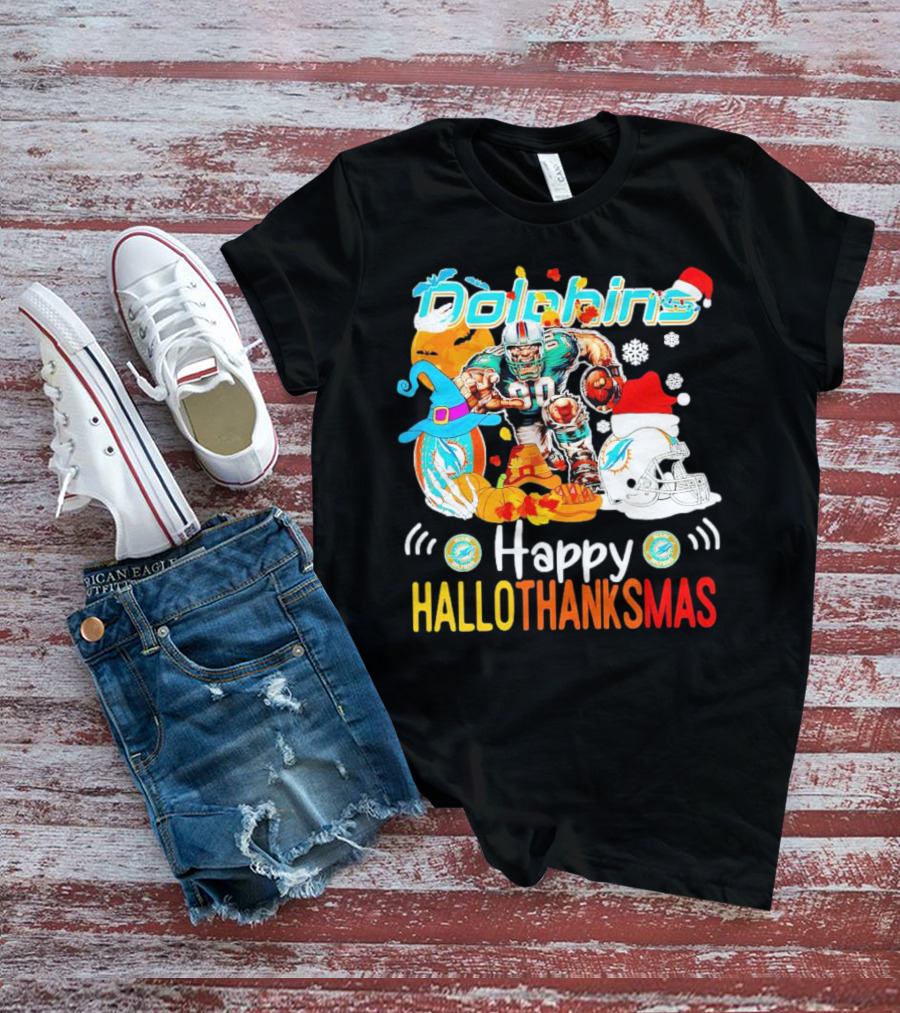 Miami Dolphins Mascot Happy Hallothanksmas Football Festive T-Shirt