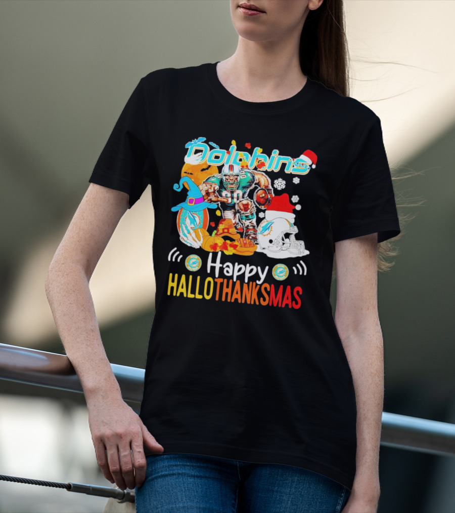 Miami Dolphins Mascot Happy Hallothanksmas Football Festive T-Shirt