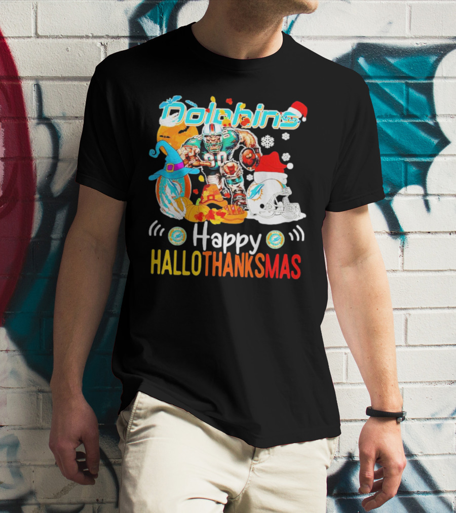 Miami Dolphins Mascot Happy Hallothanksmas Football Festive T-Shirt