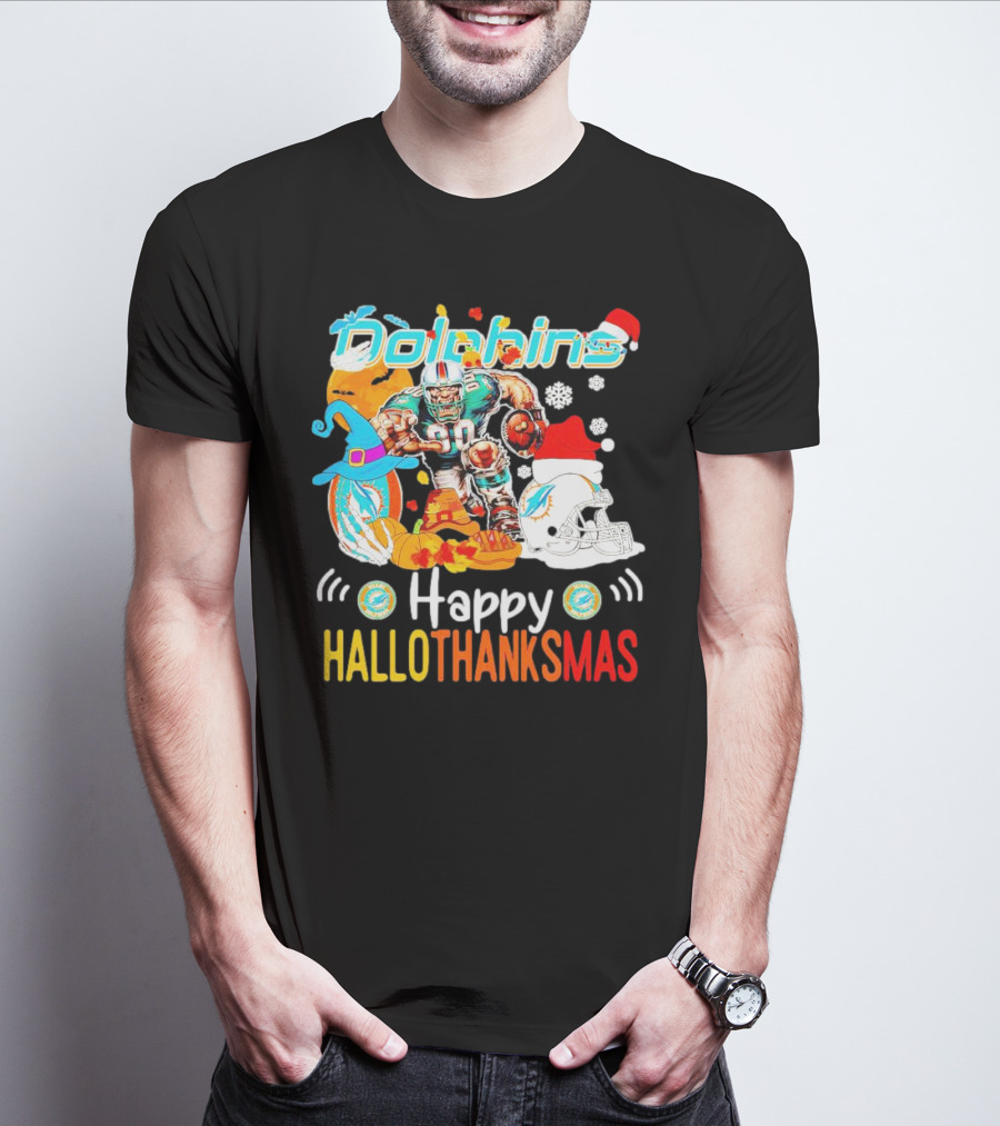 Miami Dolphins Mascot Happy Hallothanksmas Football Festive T-Shirt