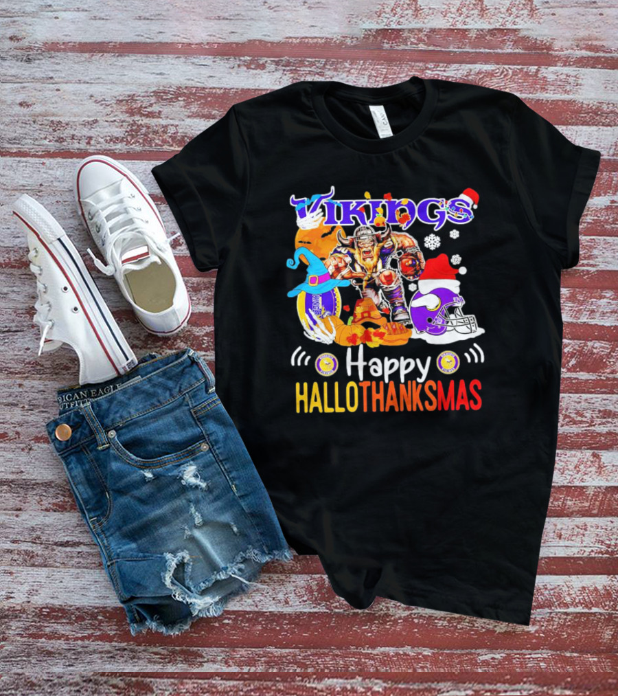Vikings Mascot Happy Hallothanksmas Festive Football T-Shirt