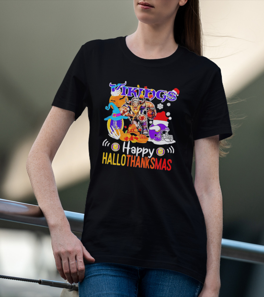 Vikings Mascot Happy Hallothanksmas Festive Football T-Shirt