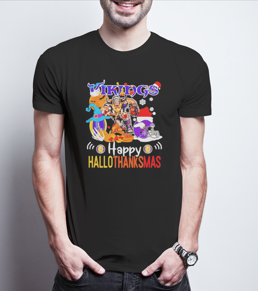 Vikings Mascot Happy Hallothanksmas Festive Football T-Shirt