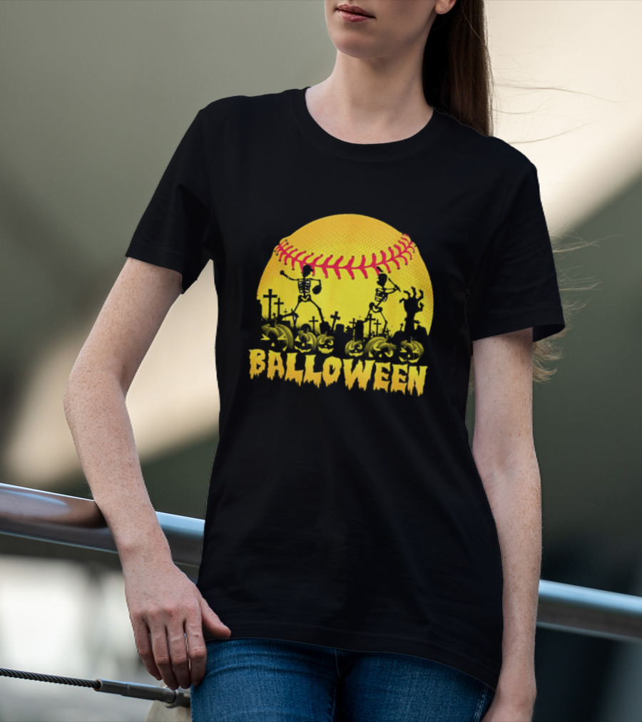 Balloween Softball Halloween Pumpkin Skeletons Graveyard T-Shirt