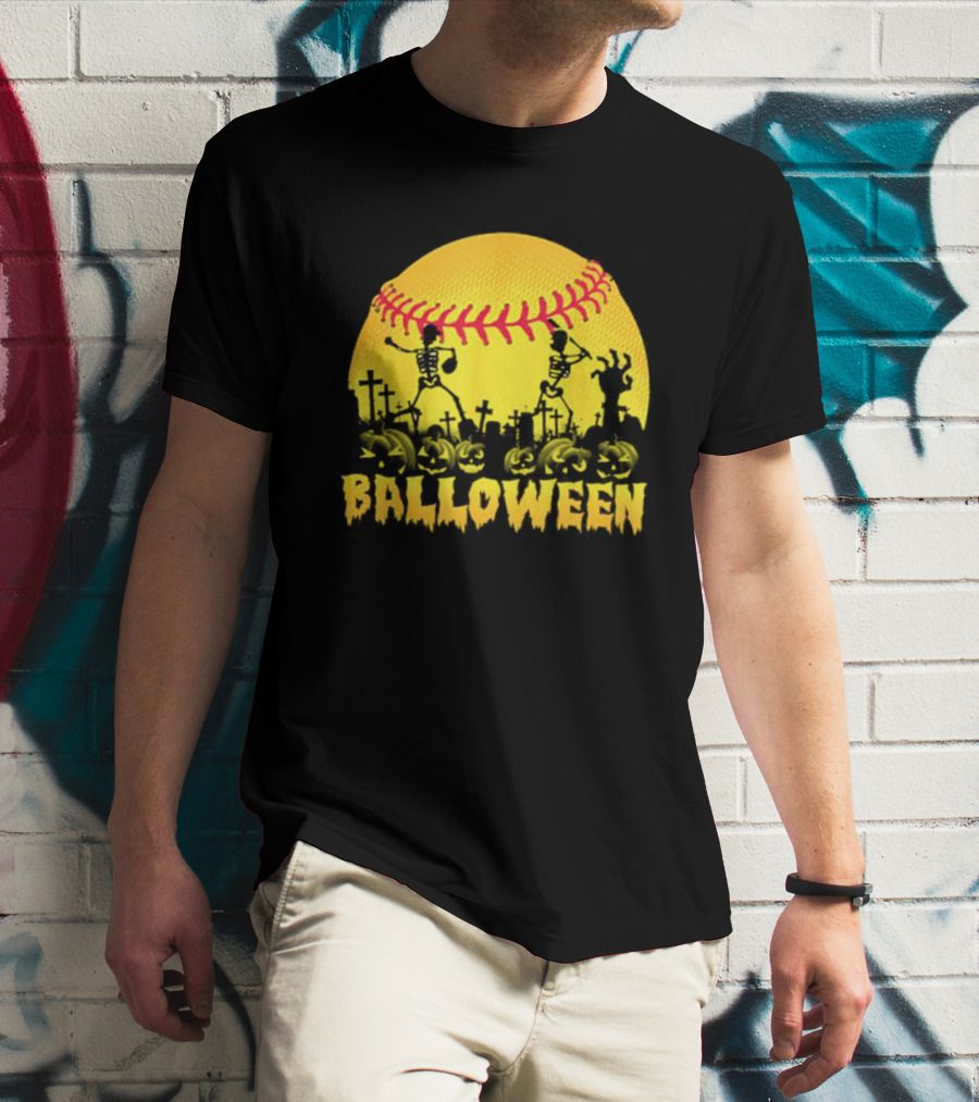 Balloween Softball Halloween Pumpkin Skeletons Graveyard T-Shirt