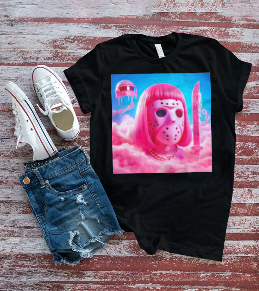 Pink Friday The 13th Jason Hockey Mask And Knife In Pink Clouds T-Shirt