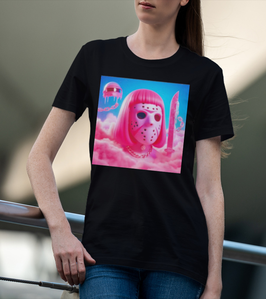 Pink Friday The 13th Jason Hockey Mask And Knife In Pink Clouds T-Shirt