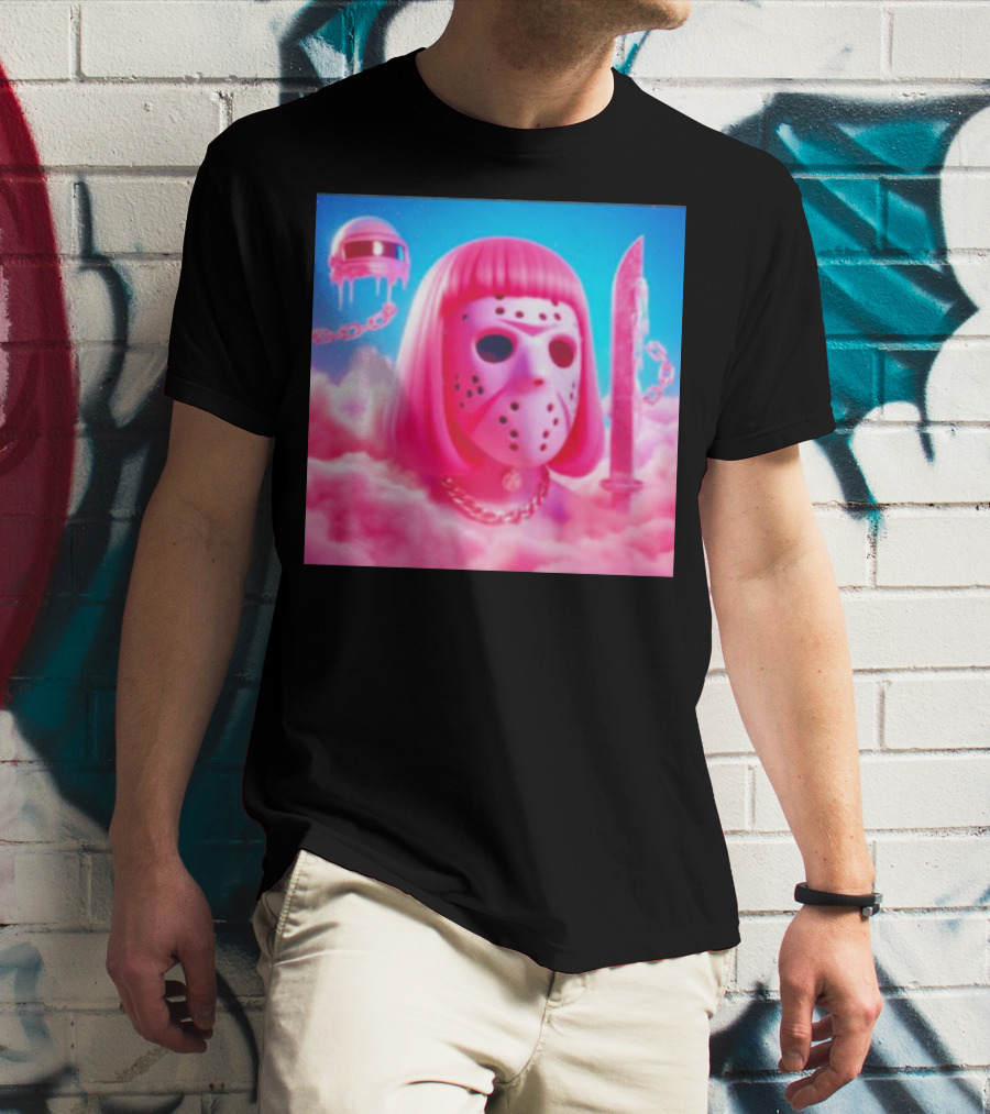 Pink Friday The 13th Jason Hockey Mask And Knife In Pink Clouds T-Shirt