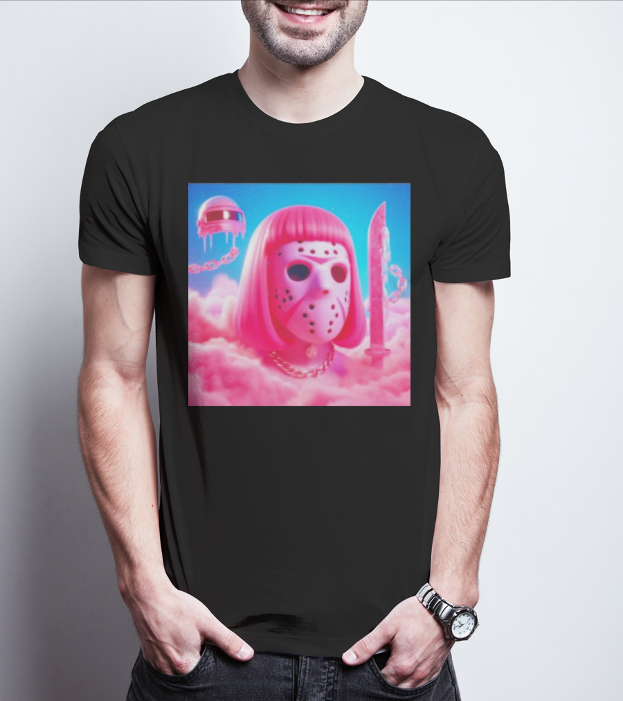 Pink Friday The 13th Jason Hockey Mask And Knife In Pink Clouds T-Shirt