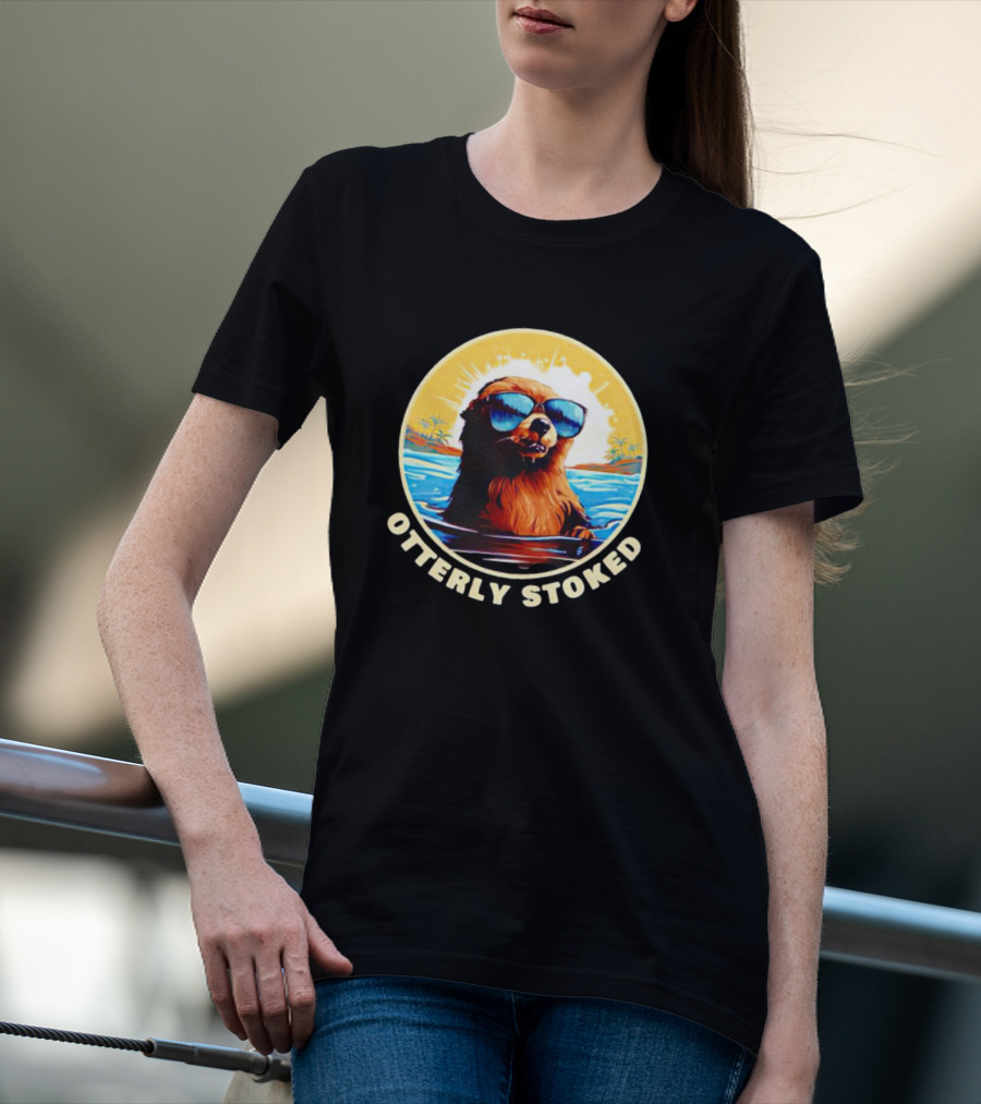 Otterly Stoked Sunglasses Otter With Tropical Ocean Background T-Shirt