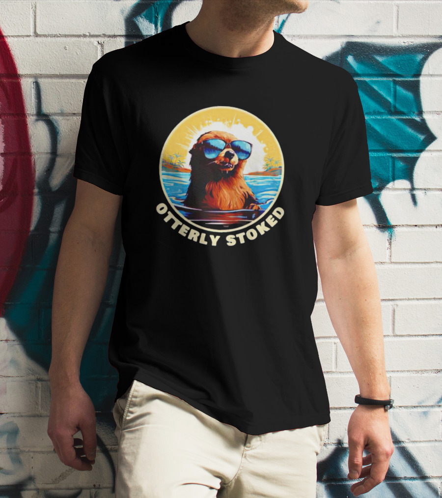 Otterly Stoked Sunglasses Otter With Tropical Ocean Background T-Shirt