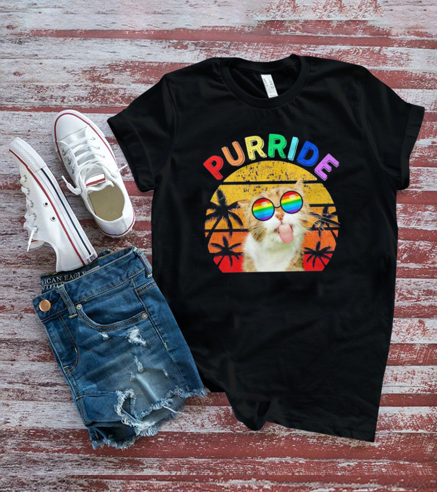 Purride Cat Tongue Out Rainbow Sunglasses Palm Trees Vintage Sunset T-Shirt