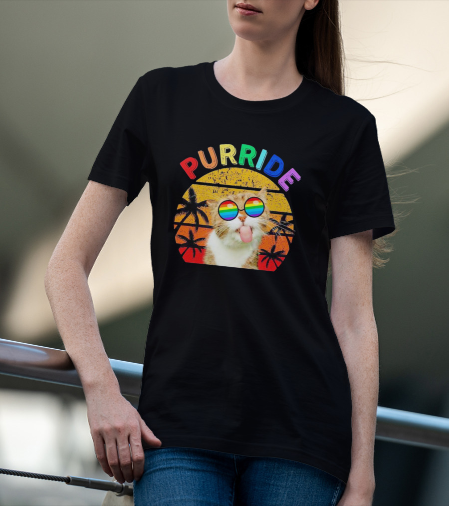 Purride Cat Tongue Out Rainbow Sunglasses Palm Trees Vintage Sunset T-Shirt