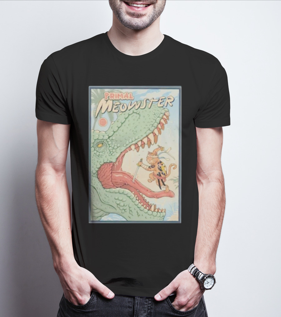 Primal Meowster Dinosaur Warrior Cat Adventure T-Shirt