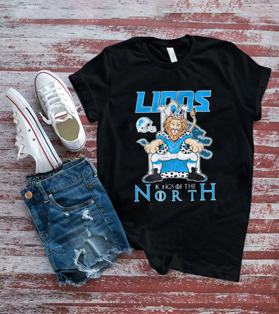 Detroit Lions Kings Of The North Mascot Roaring On Throne With Helmet T-Shirt
