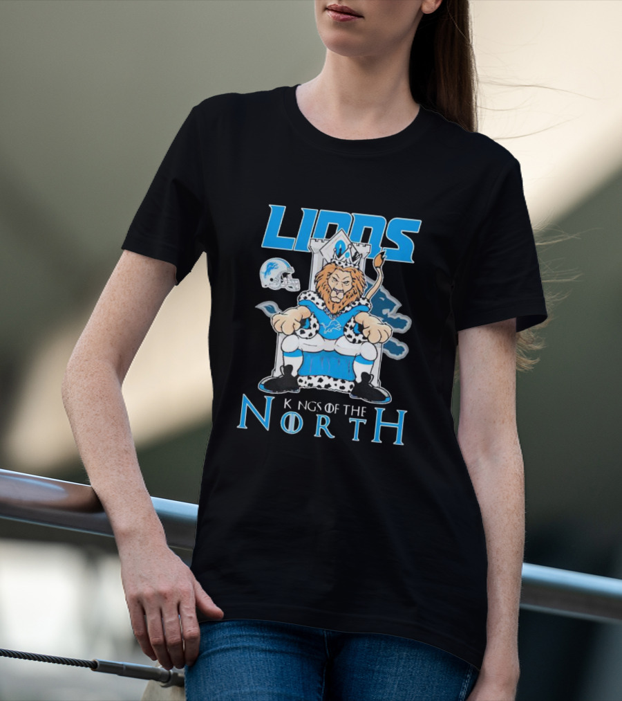 Detroit Lions Kings Of The North Mascot Roaring On Throne With Helmet T-Shirt