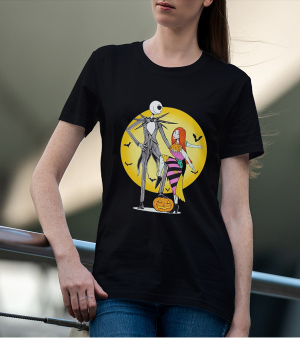 Jack And Sally Halloween Pumpkin Scene With Bats In The Nightmare Before Rumours T-Shirt