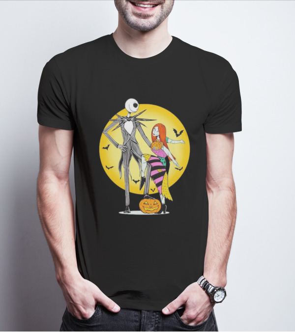 Jack And Sally Halloween Pumpkin Scene With Bats In The Nightmare Before Rumours T-Shirt