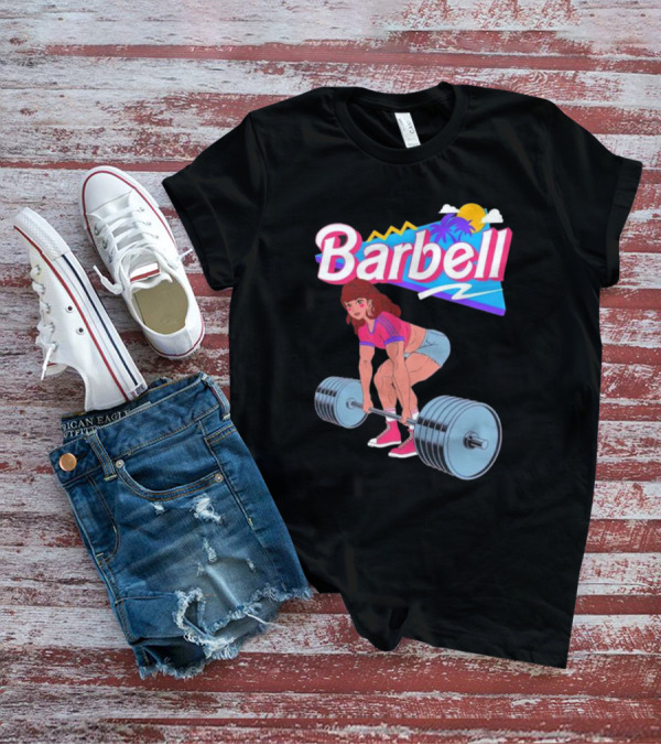 Barbell Brunette Retro Workout With Tropical Sunset And 80s Vibes T-Shirt