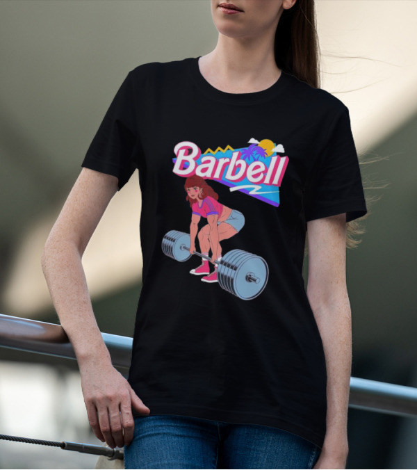 Barbell Brunette Retro Workout With Tropical Sunset And 80s Vibes T-Shirt
