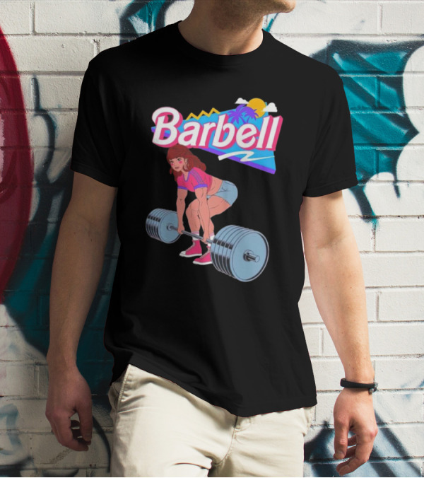 Barbell Brunette Retro Workout With Tropical Sunset And 80s Vibes T-Shirt