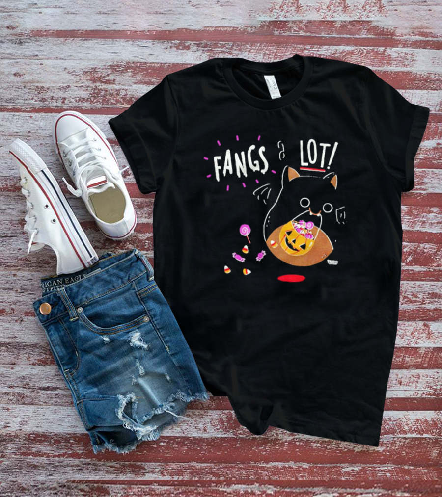 Fangs A Lot Cat With Halloween Candy And Jack-O'-Lantern T-Shirt
