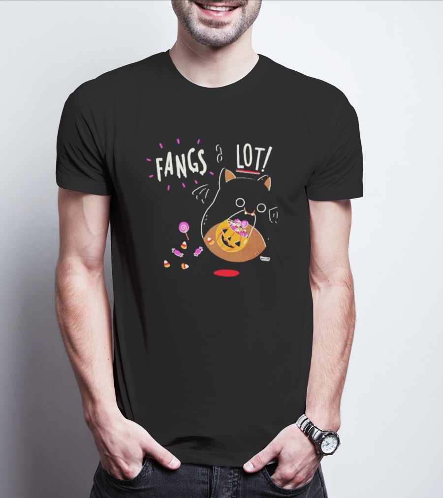 Fangs A Lot Cat With Halloween Candy And Jack-O'-Lantern T-Shirt