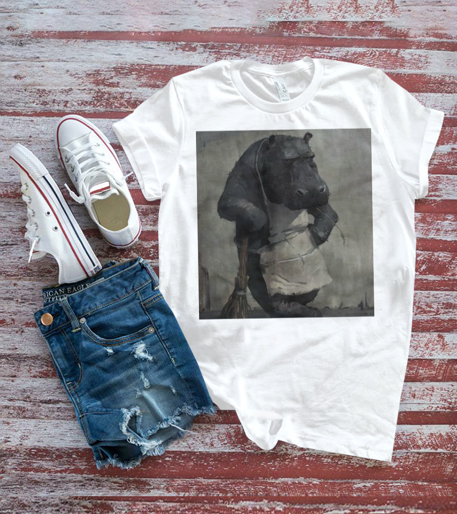 Hippo In Apron Holding Broom T-Shirt