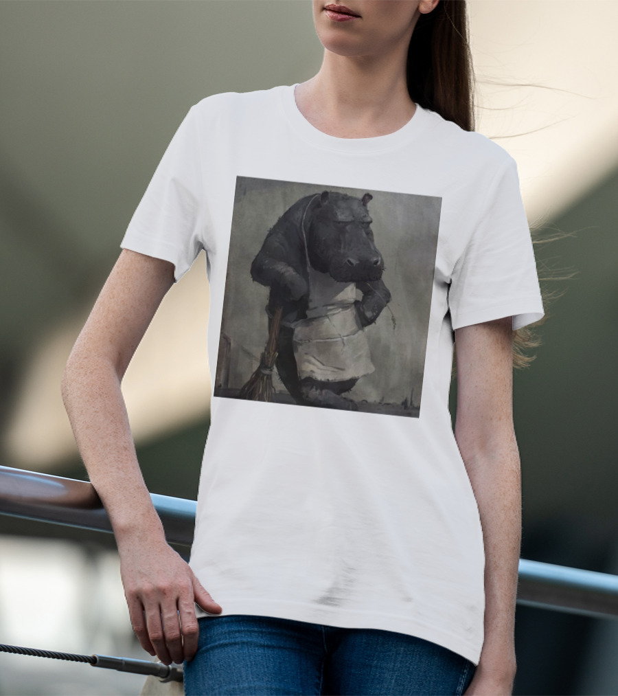 Hippo In Apron Holding Broom T-Shirt