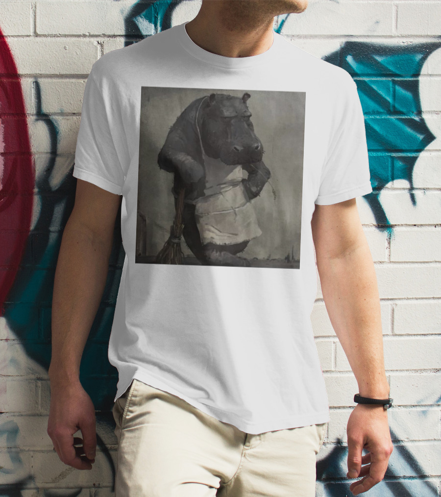 Hippo In Apron Holding Broom T-Shirt