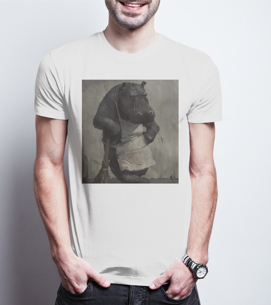 Hippo In Apron Holding Broom T-Shirt