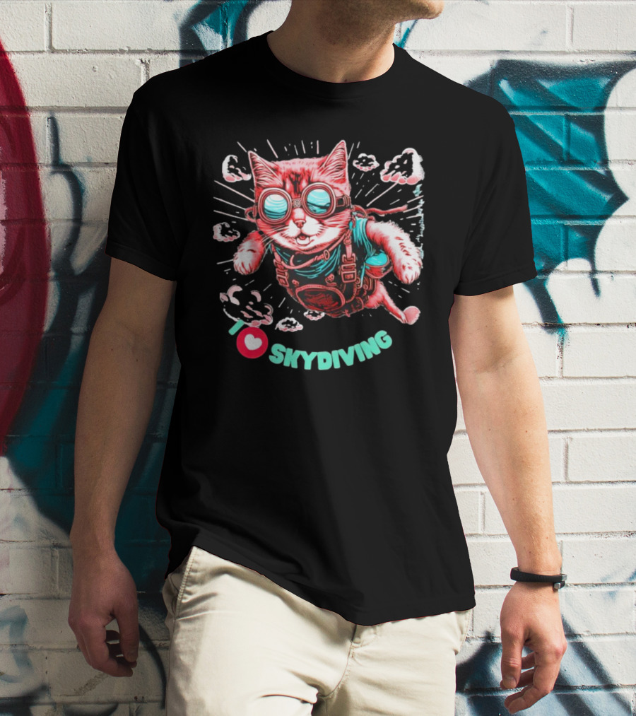 I Love Skydiving Cat With Goggles And Clouds T-Shirt